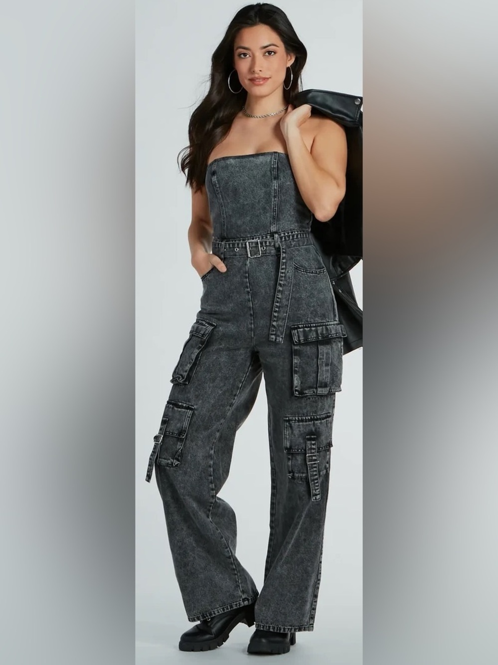 Blue Asphalt Strapless Cargo Acid Wash Wide Leg Denim Jumpsuit Size Medium